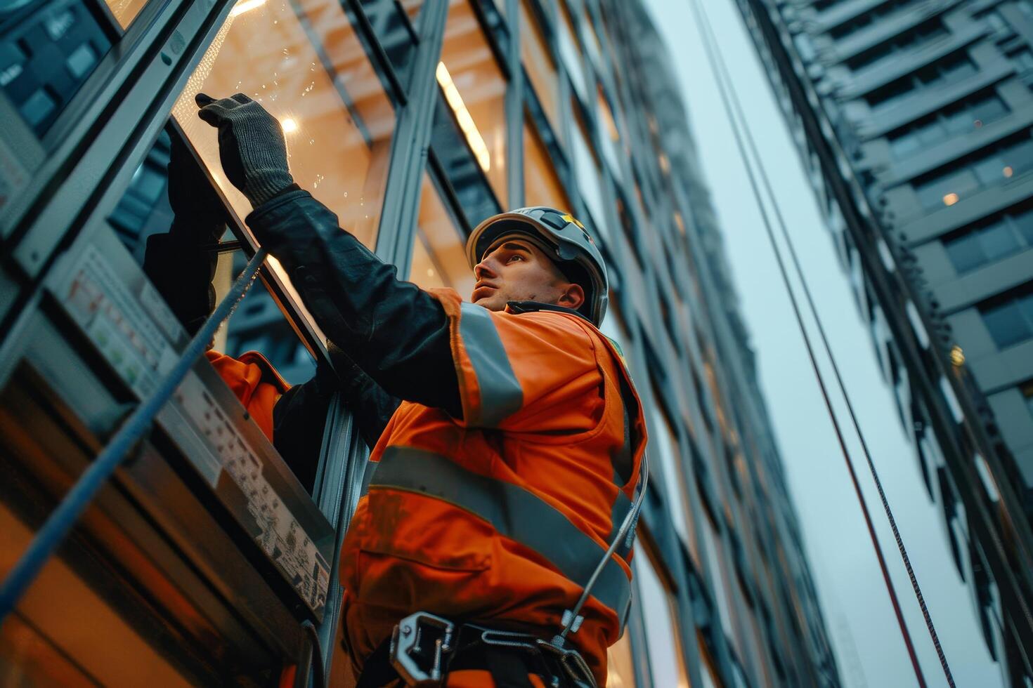 A man in a harness is working on a building photo