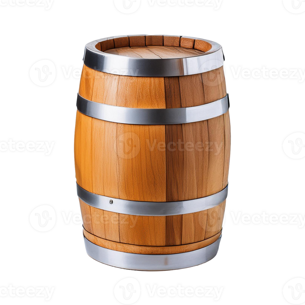 wooden barrel with silver band on a transparent background. png