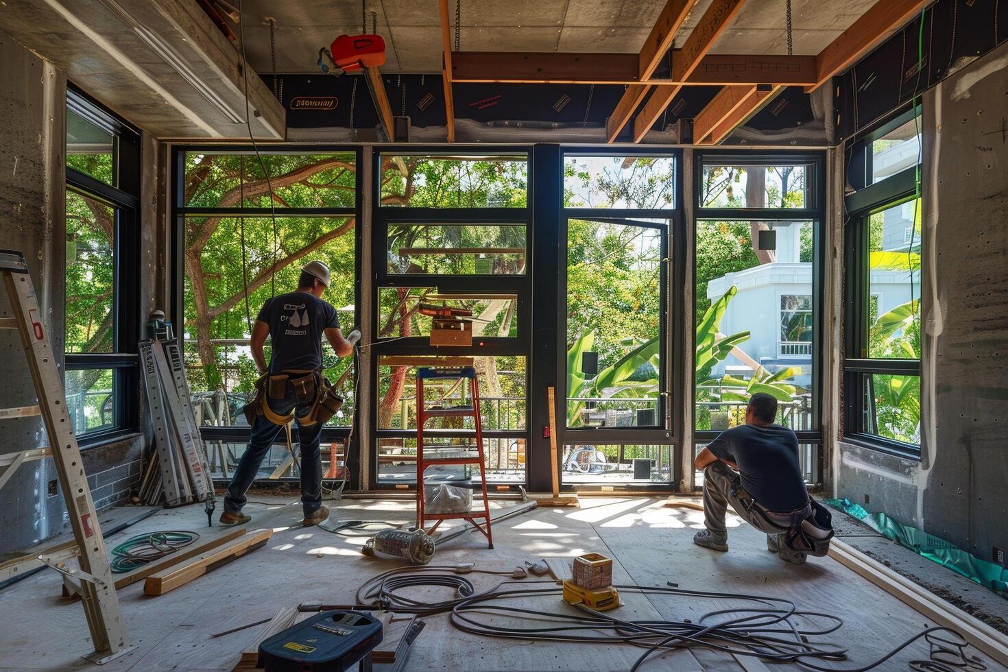 Two men are working on a construction site, one of them is wearing a hard hat photo