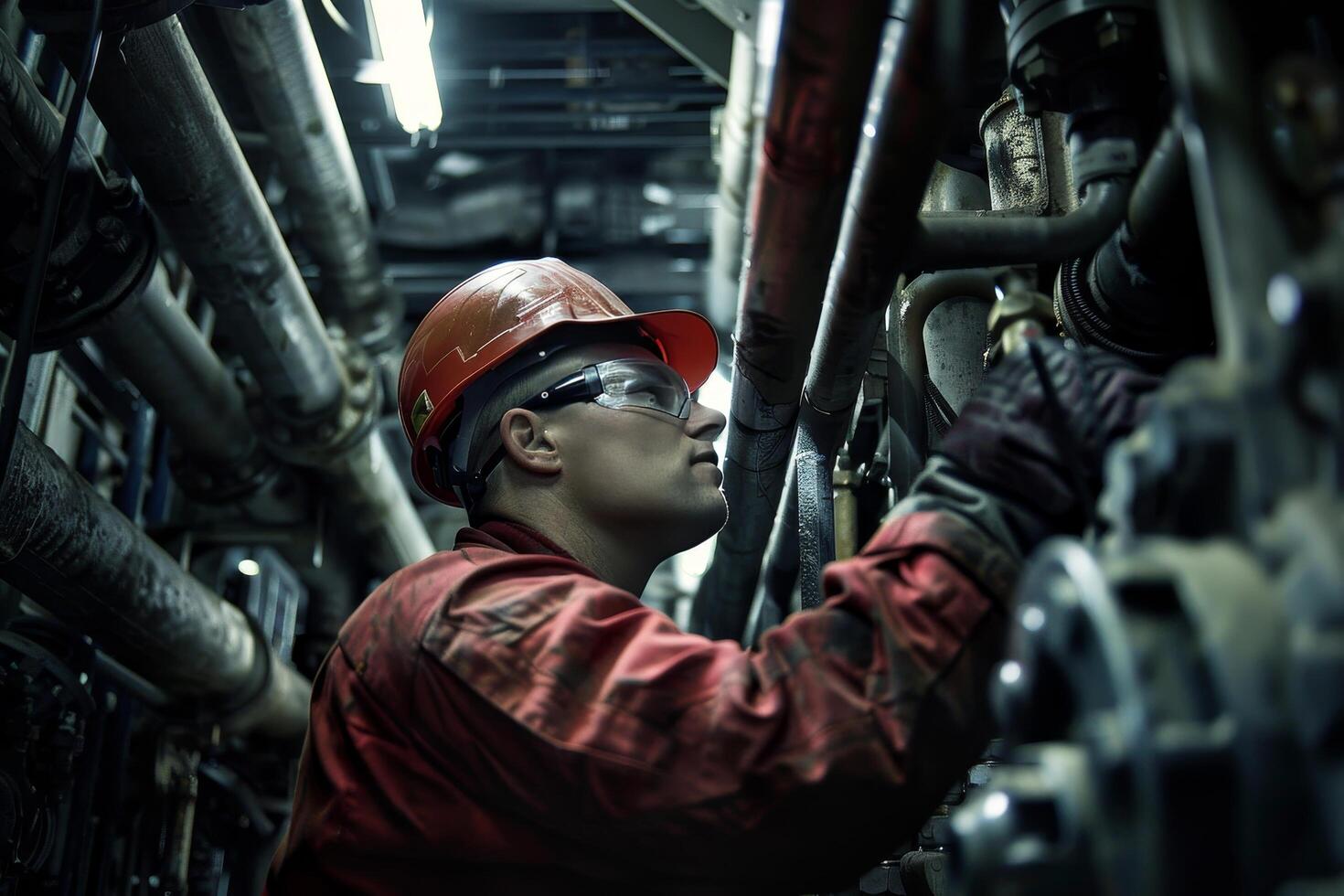 A man in a safety harness is working on a pipe photo