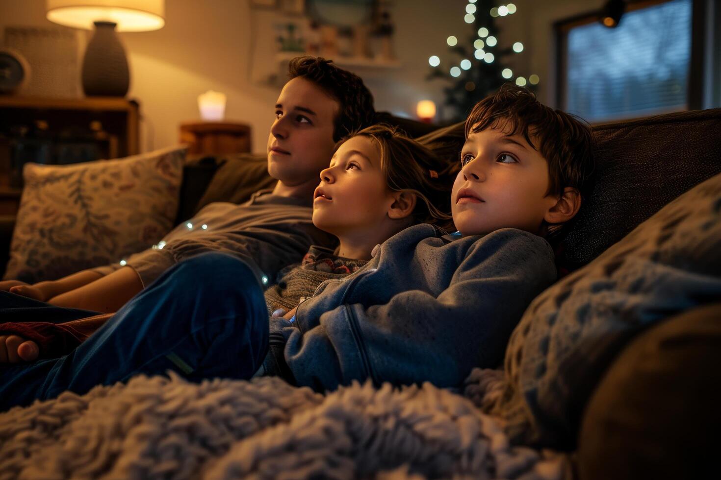 A family is sitting on a couch and watching a movie photo
