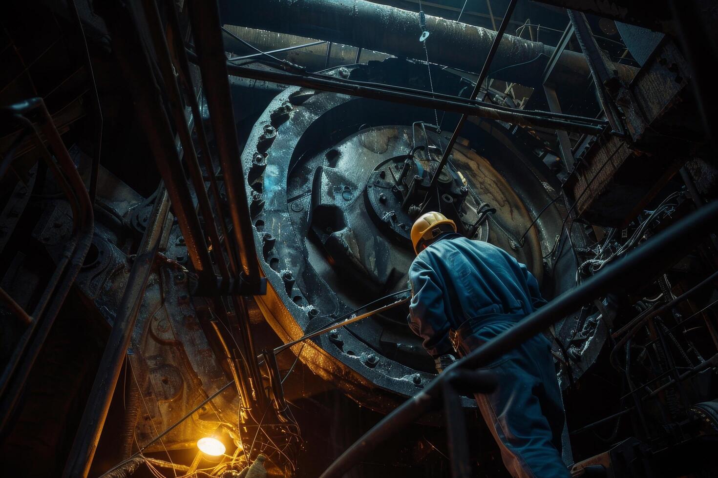 A man is working on a large machine with a lot of bolts photo