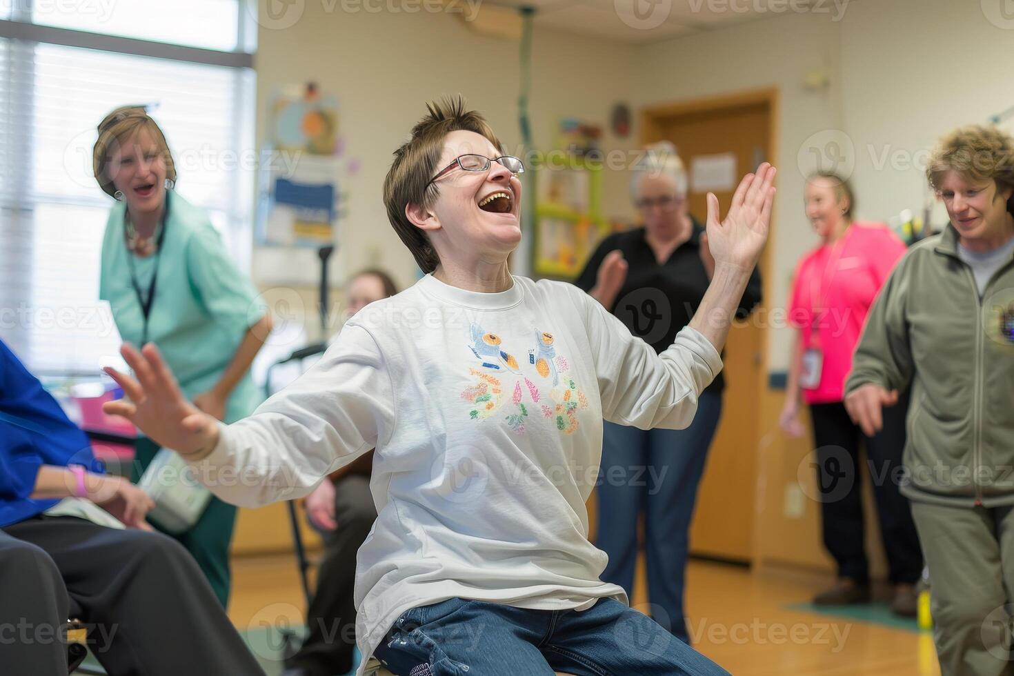 woman in a white shirt is laughing and dancing with other people photo
