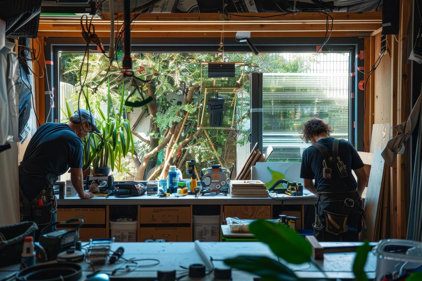 men are working in a room with a lot of debris and construction materials photo