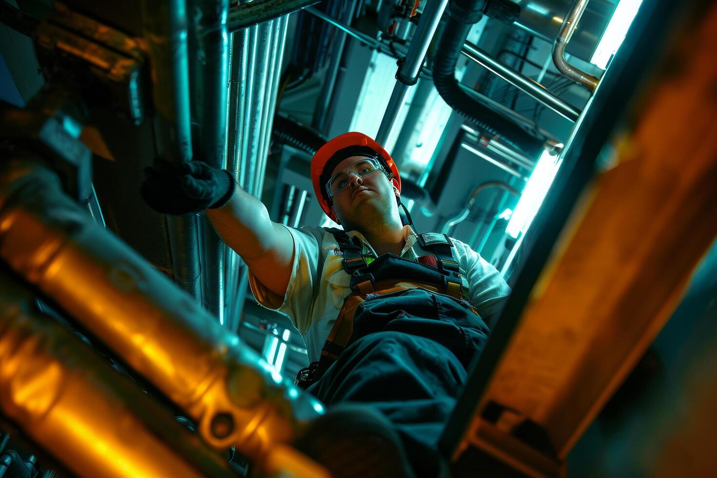 A man in a safety harness is working on a pipe photo