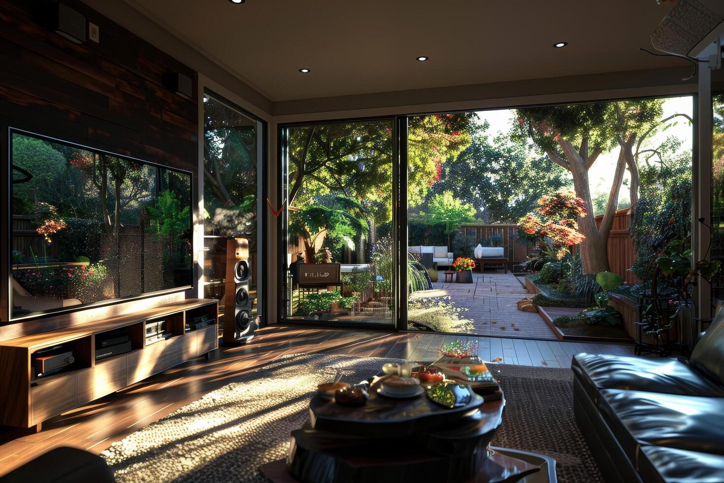 A living room with a large window that lets in a lot of natural light photo