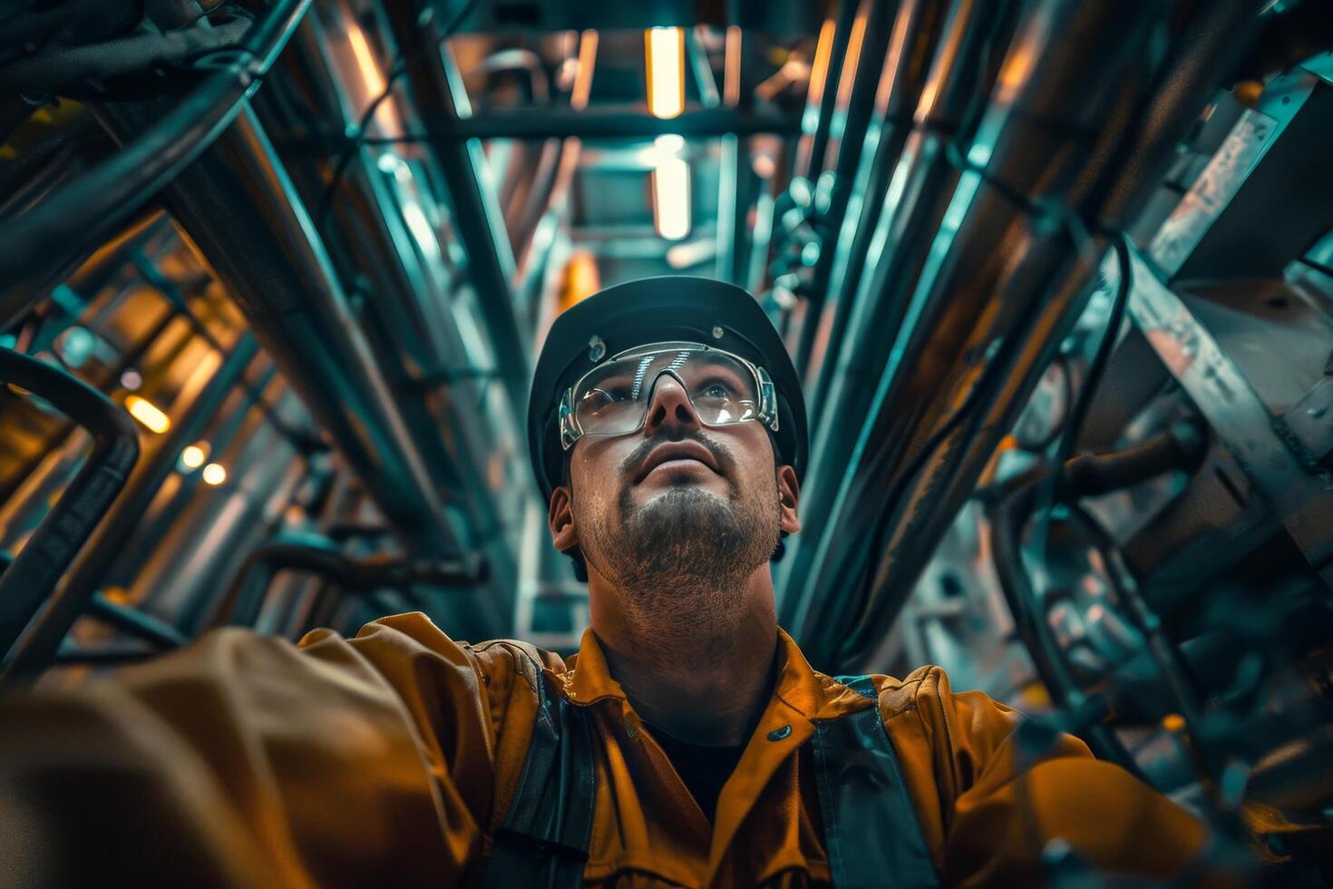 A man in a yellow jacket is looking up at a pipe photo