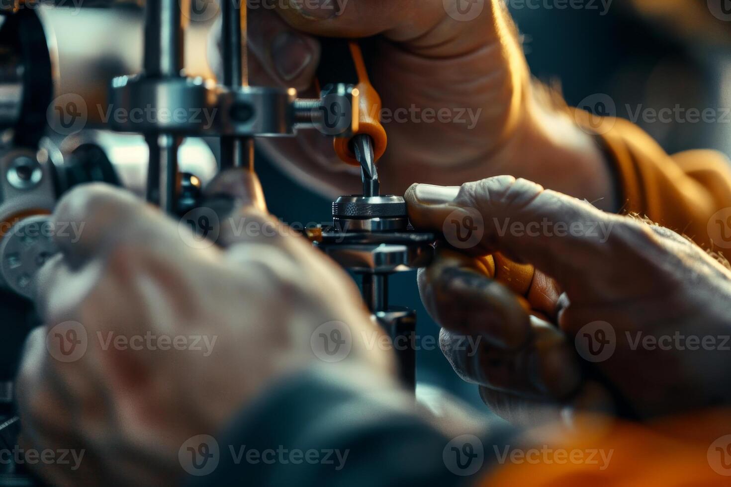 A man is working on a car engine, using a tool to tighten a bolt photo