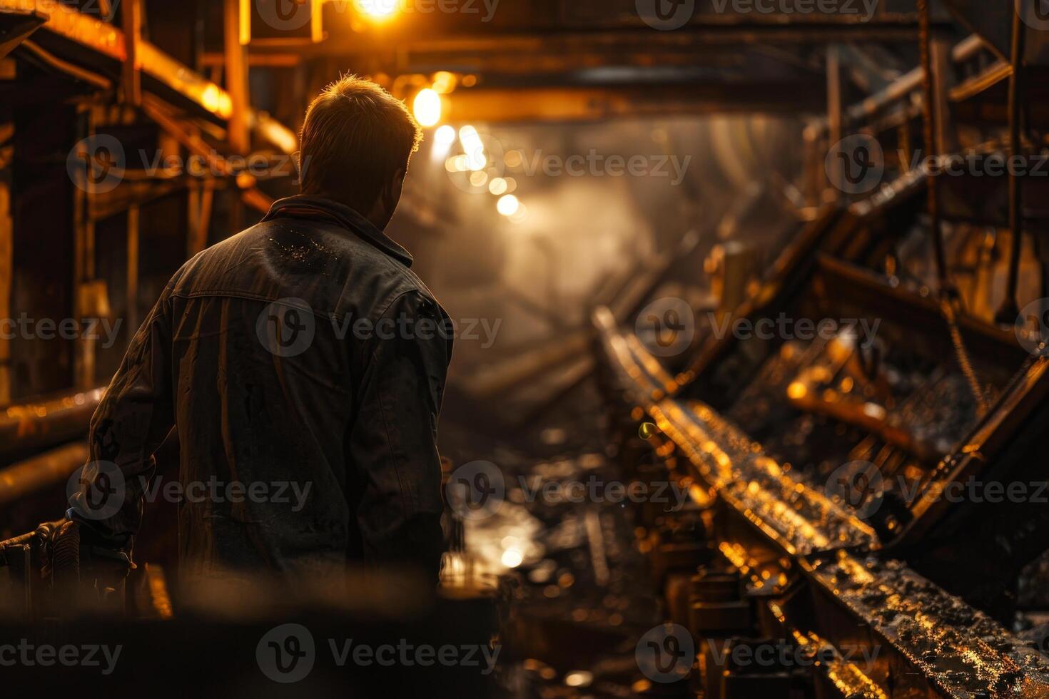 A man is walking through a dark tunnel with a lot of debris photo