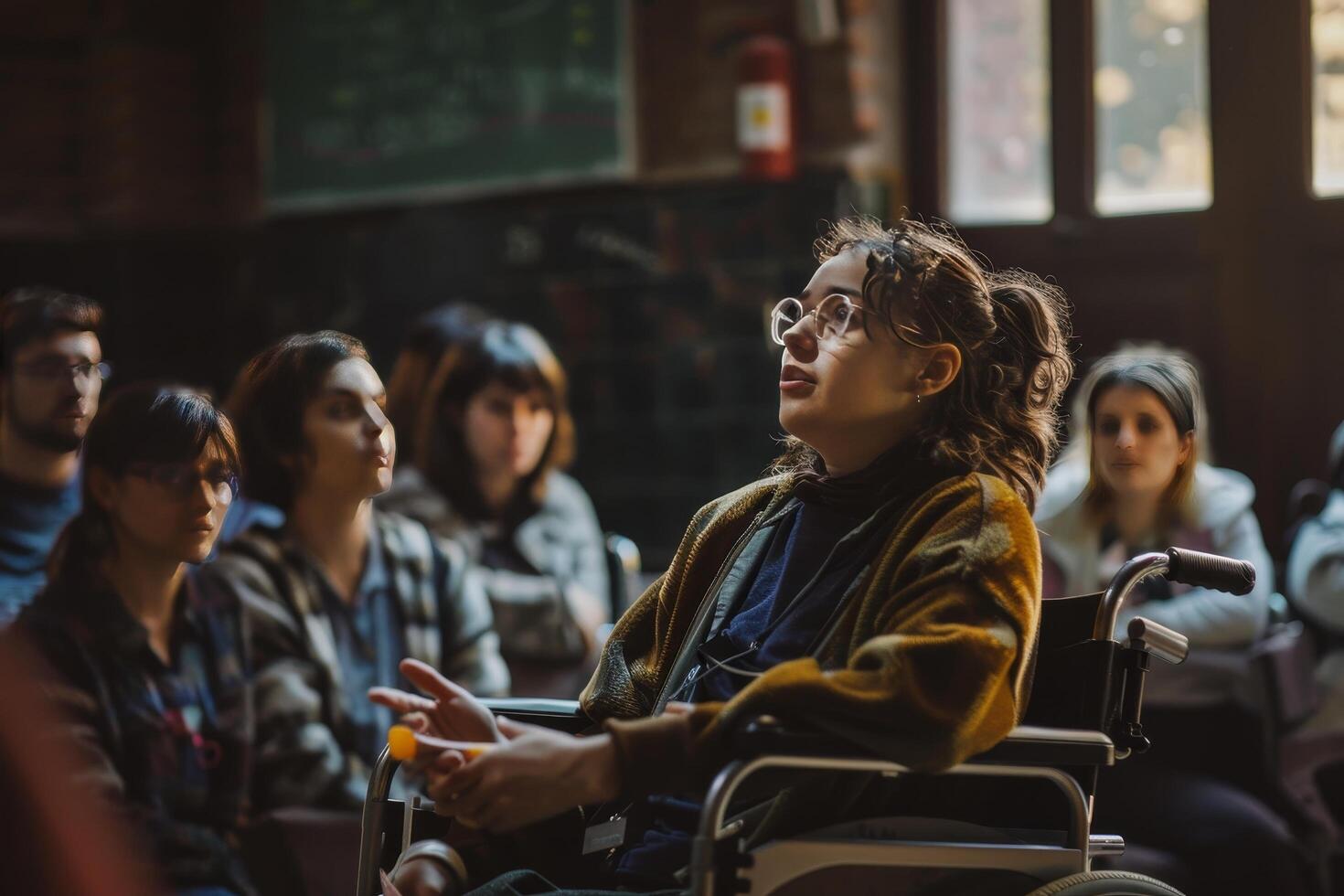 A person in a wheelchair sits in a classroom with other students photo