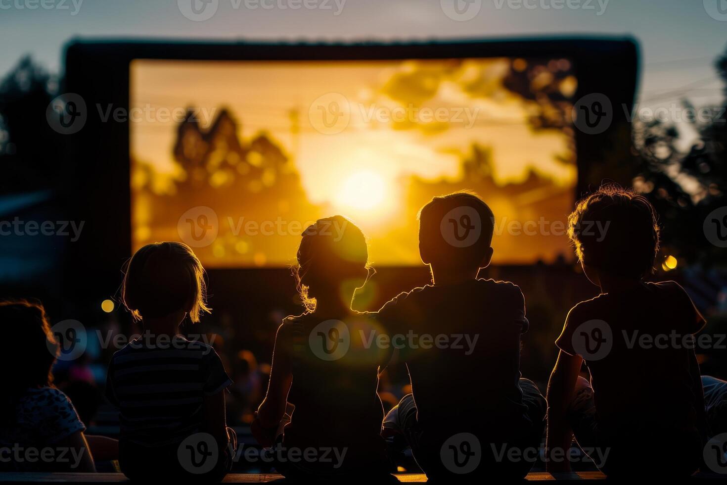 people are sitting in lawn chairs in front of a large screen photo