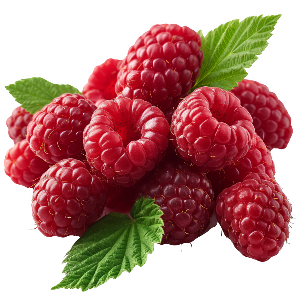 Fresh Raspberries with Leaves and Stems png