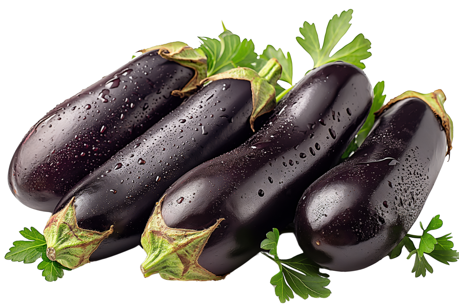 Glossy Eggplants with Vibrant Leaves png