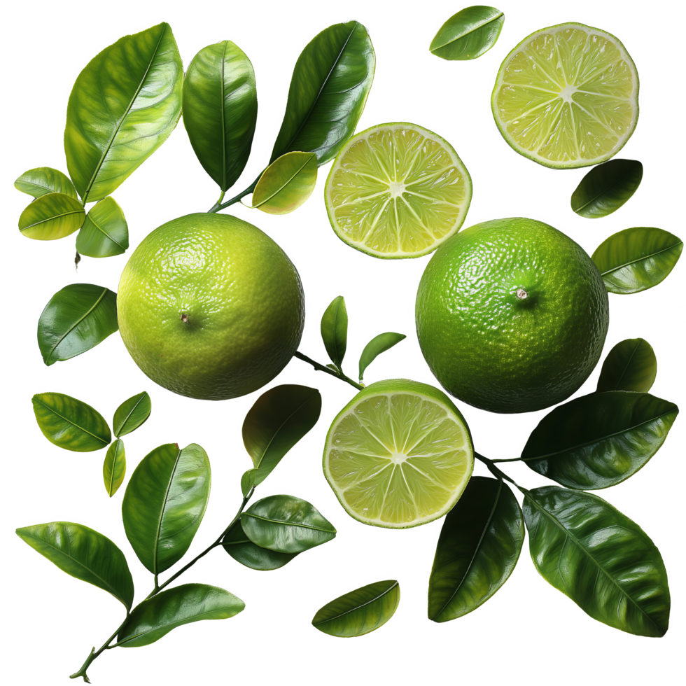 Fresh Limes with Leaves and Stems png