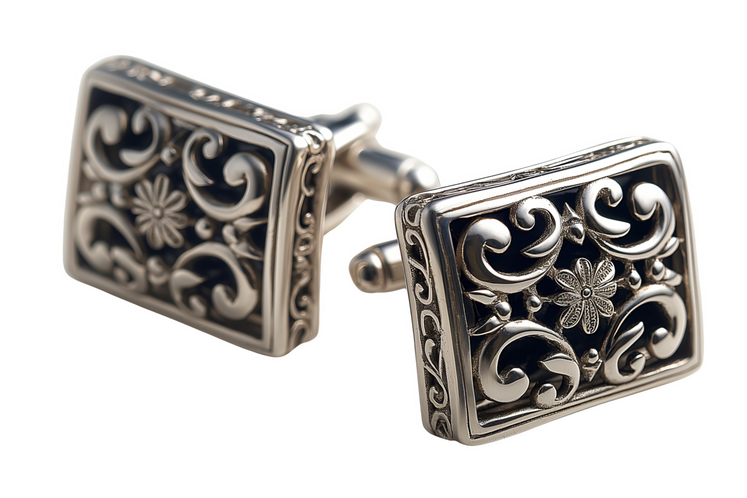 Classic Pair of Silver Cufflinks with Engraved Design png