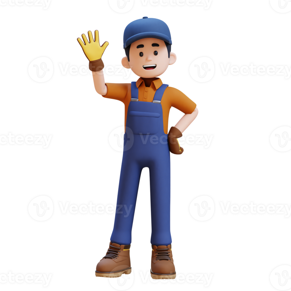 3D Construction Worker Character Waving Hand Pose png