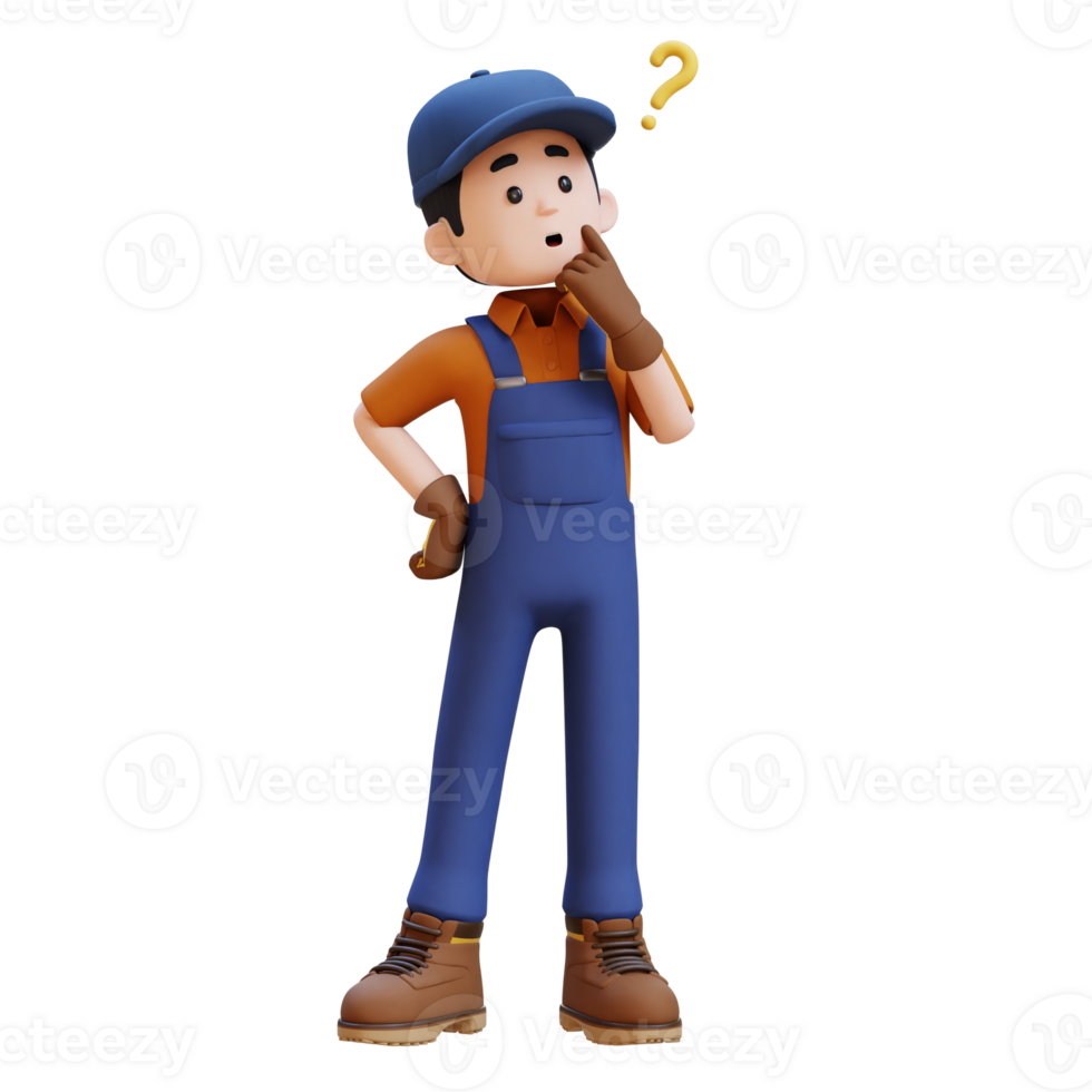 3D Construction Worker Character Confused and Thinking Pose png
