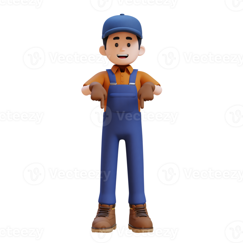 3D Construction Worker Character Pointing Downward png