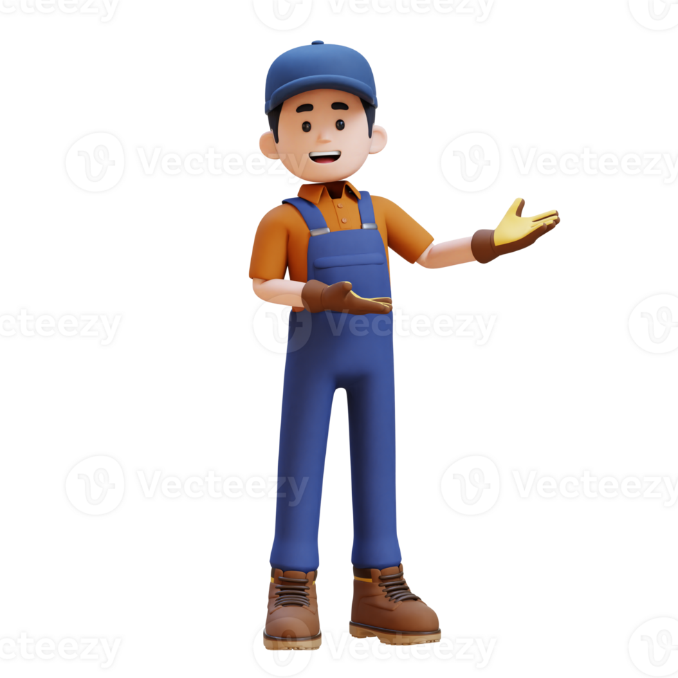 3D Construction Worker Character Presenting to the Left Pose png