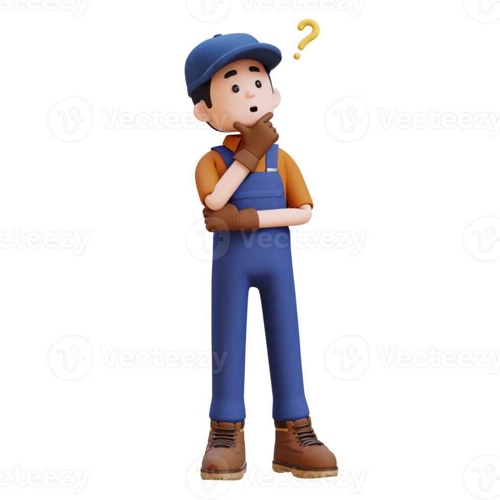 3D Construction Worker Character Confused and Thinking Pose png