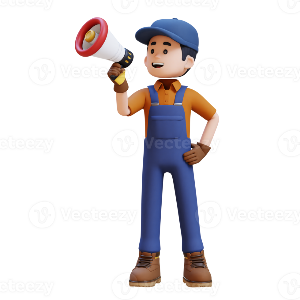 3D Construction Worker Character Holding Megaphone png