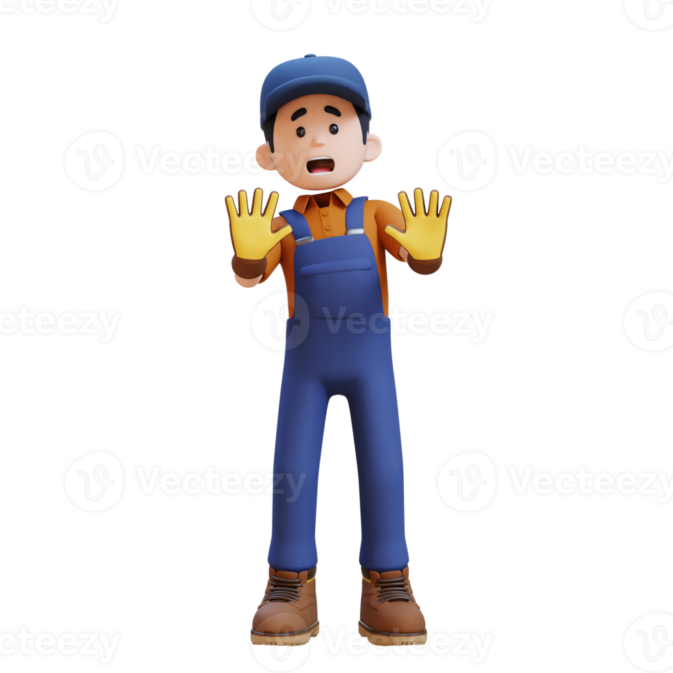 3D Construction Worker Character Fear and Denial Poses png