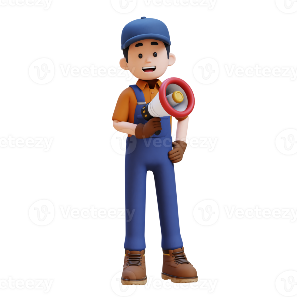 3D Construction Worker Character Holding Megaphone png