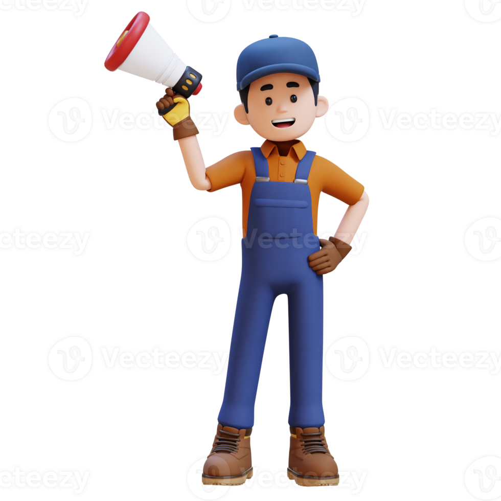3D Construction Worker Character Holding Megaphone png
