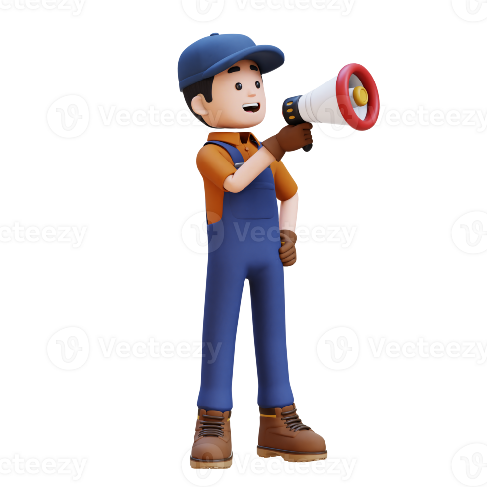 3D Construction Worker Character shouting with Megaphone png