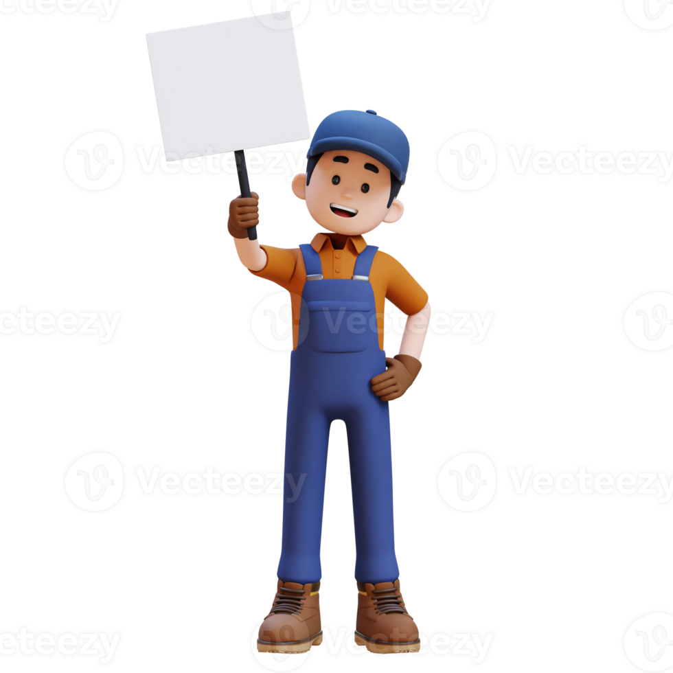 3D Construction Worker Character Holding Empty Placard png