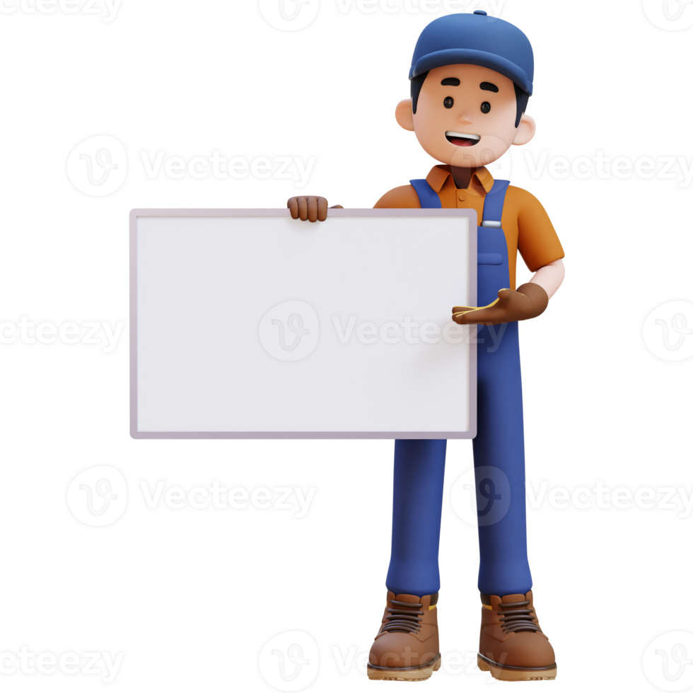 3D Construction Worker Character Holding Empty Placard png
