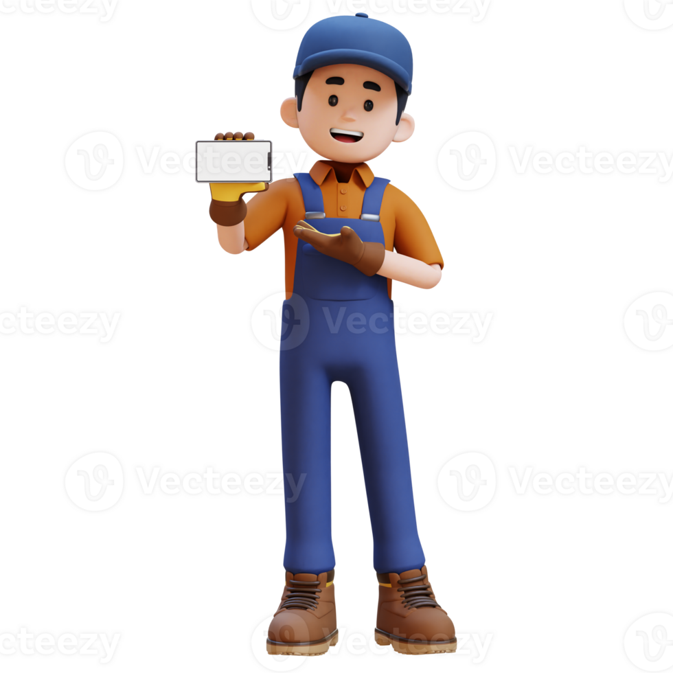 3D Construction Worker Character Presenting on Empty Phone Screen png