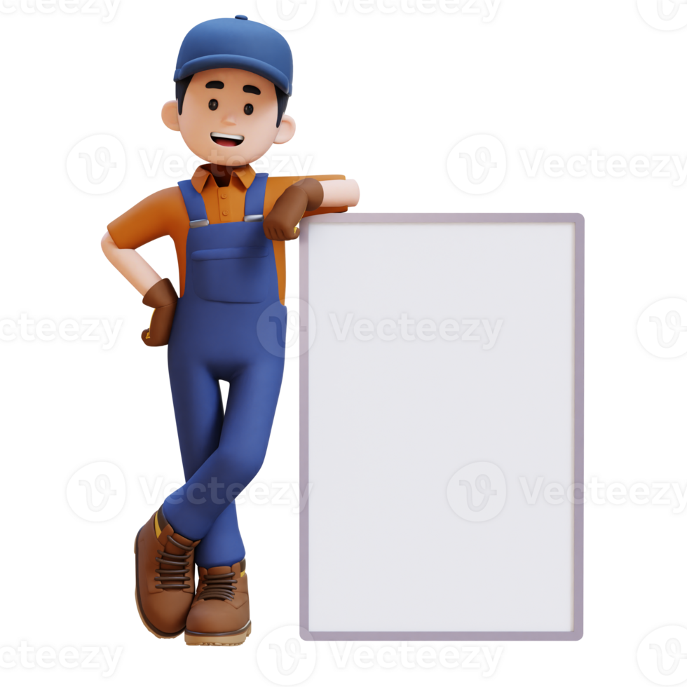 3D Construction Worker Character Lying on Blank Placard png