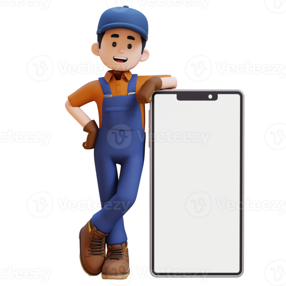 3D Construction Worker Character Lying on Large Empty Phone Screen png