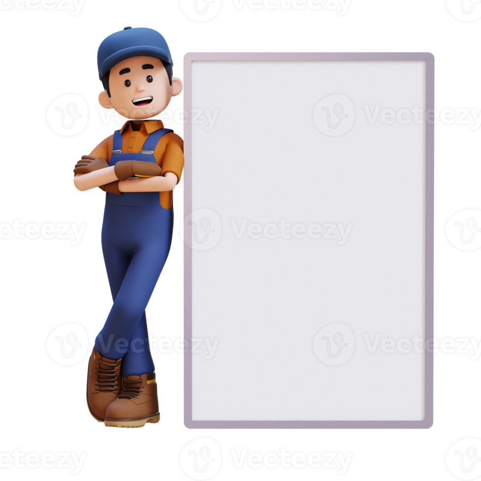 3D Construction Worker Character Lying on Blank Placard in Crossed Arm Pose png
