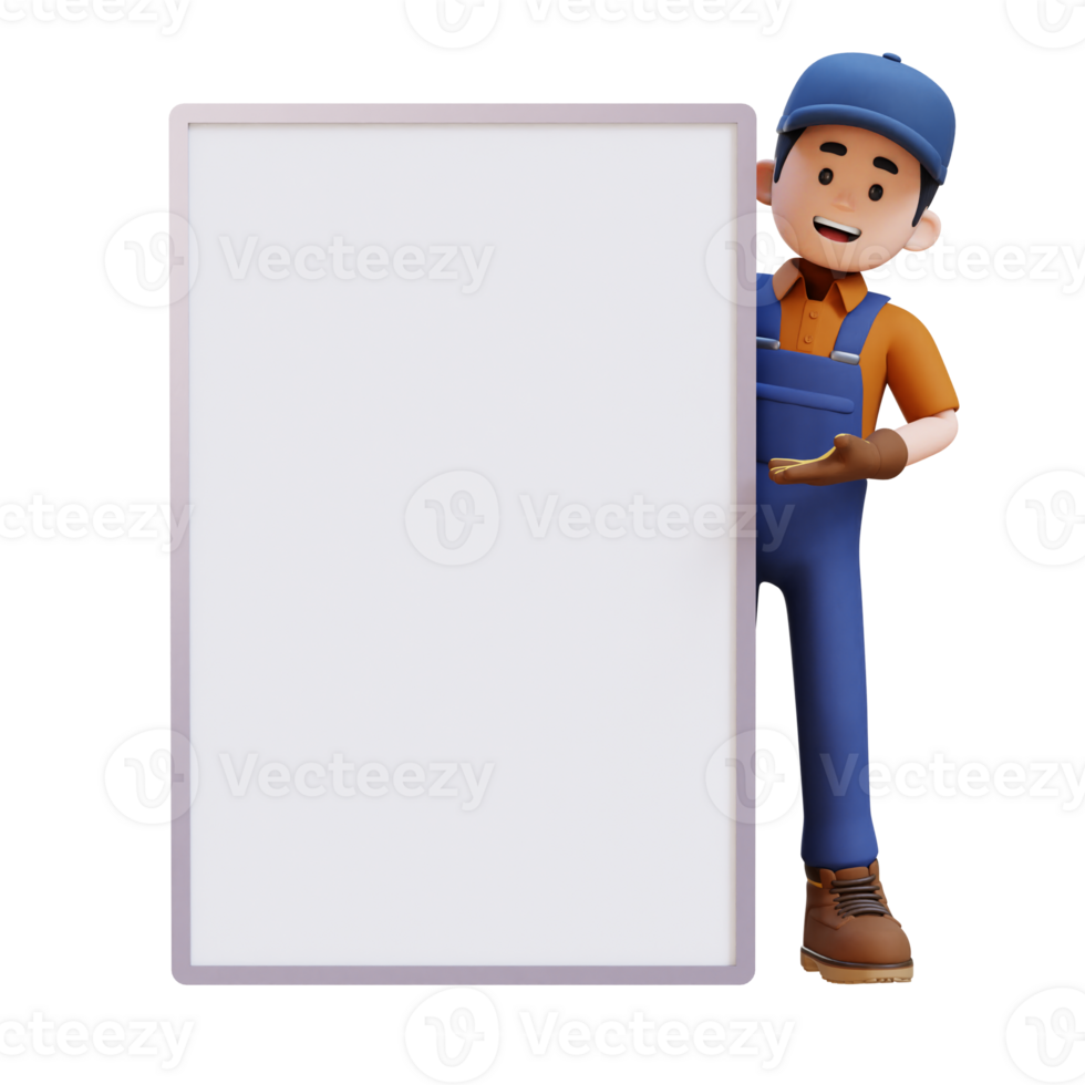 3D Construction Worker Character Presenting on Blank Placard png