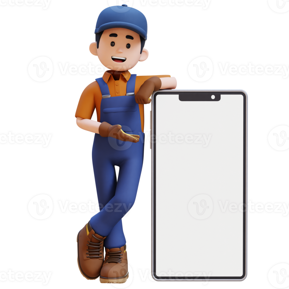3D Construction Worker Character Presenting and Lying on Big Empty Phone Screen png