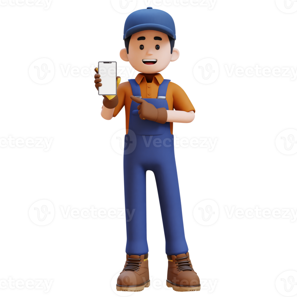 3D Construction Worker Character Pointing to Empty Phone Screen png
