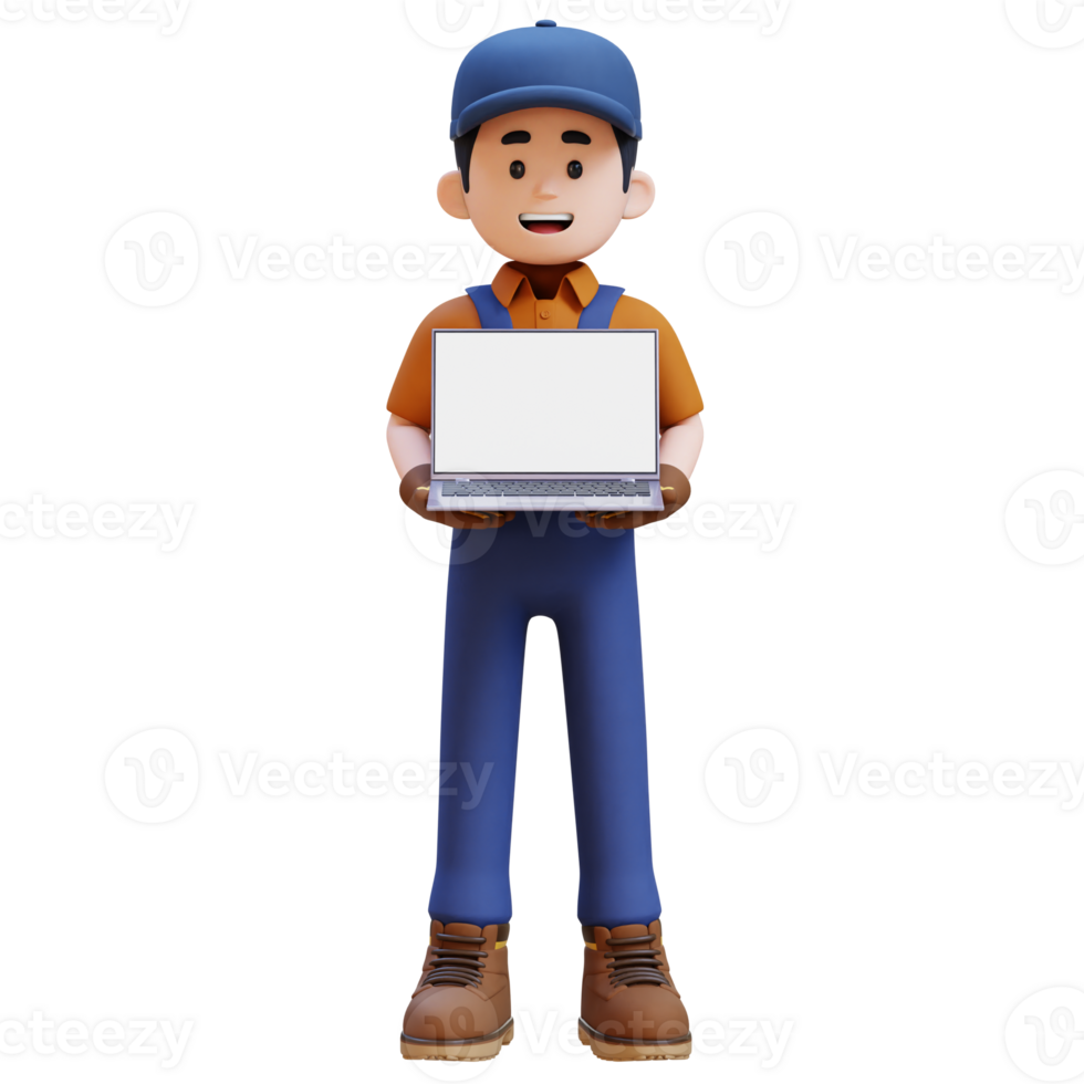 3D Construction Worker Character Holding Laptop with Empty Screen png