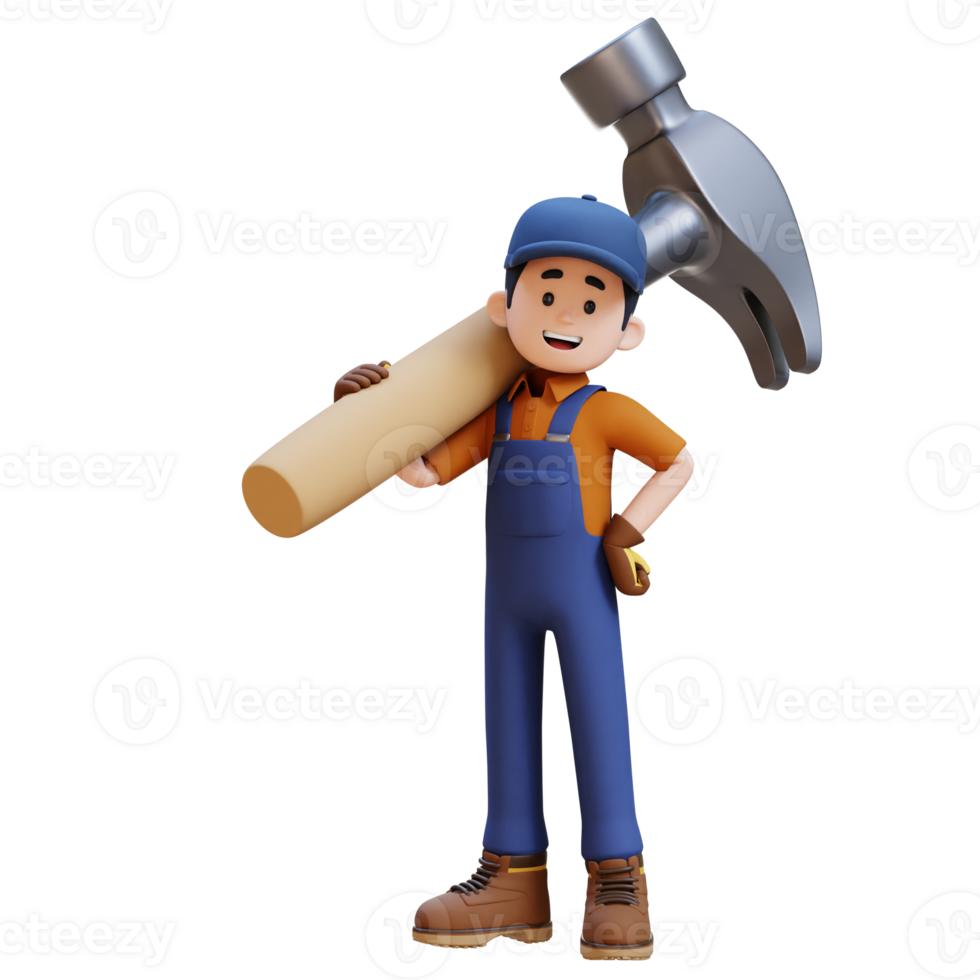 3D Construction Worker Character Carrying Big Hammer on Shoulder png