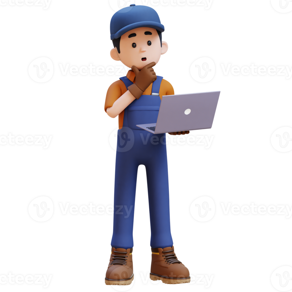 3D Construction Worker Character Thinking While Working on a Laptop png