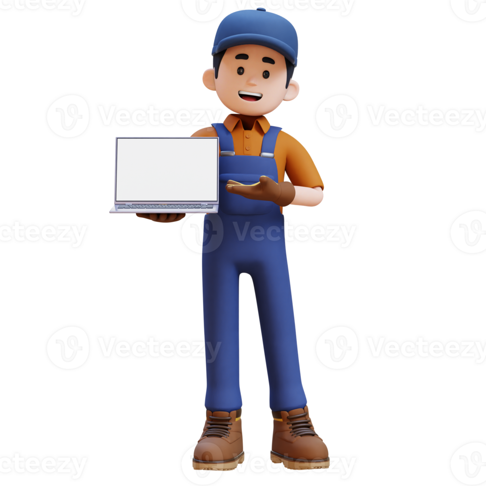 3D Construction Worker Character Presenting on Empty Computer Screen png