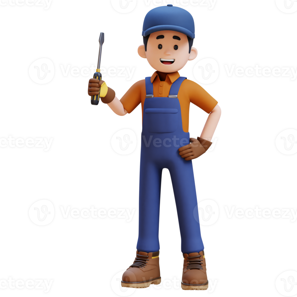 3D Construction Worker Character Holding Screwdriver in Confident Pose png