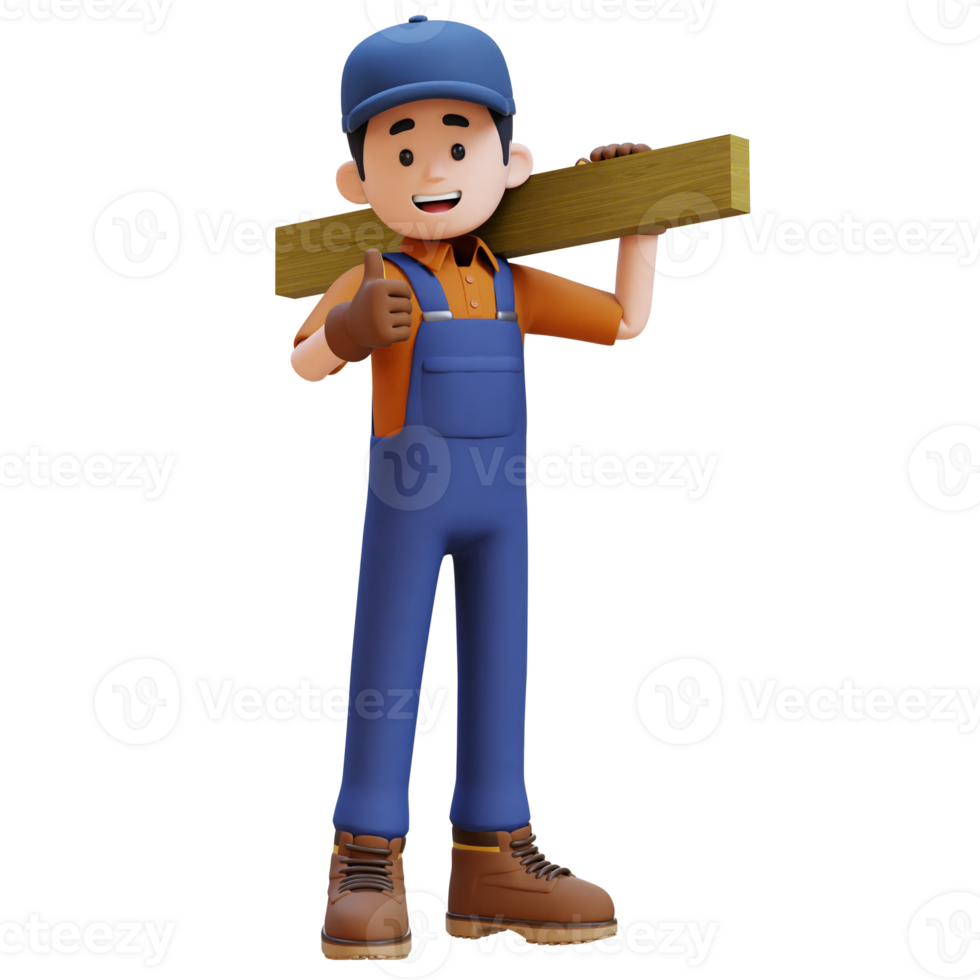 3D Construction Worker Character Carrying Wood Planks on Shoulder png