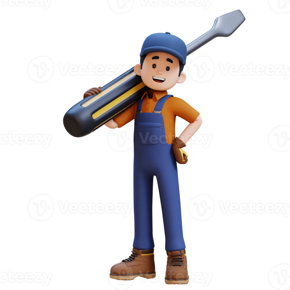3D Construction Worker Character Carrying Big Screwdriver on Shoulder png
