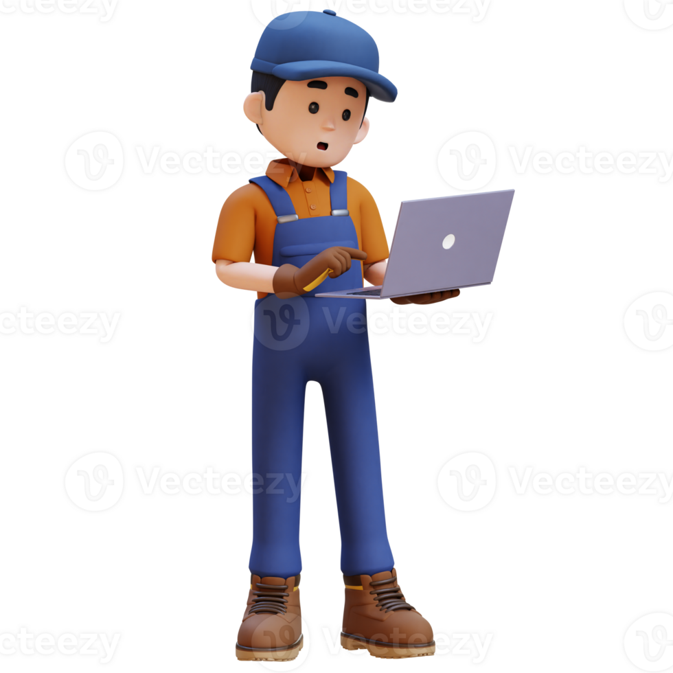 3D Construction Worker Character Working on a Laptop png