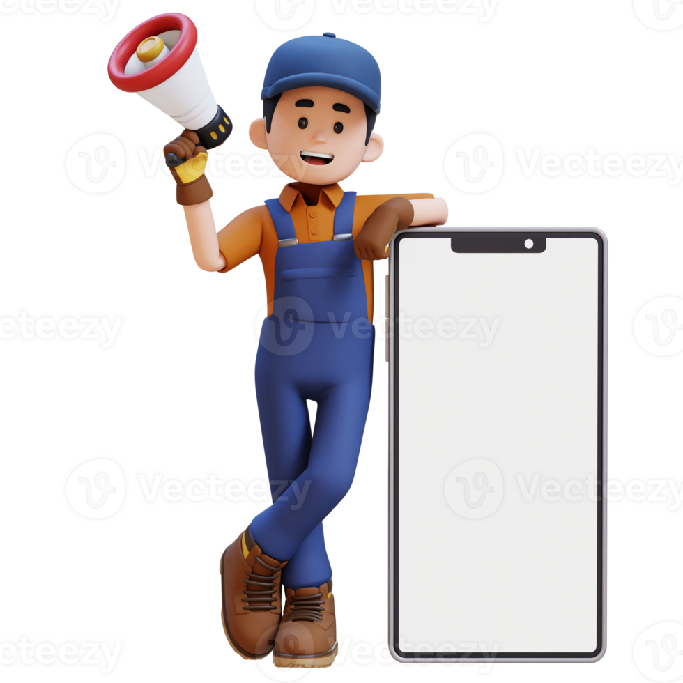 3D Construction Worker Character Holding Megaphone and Lying on Big Empty Phone Screen png