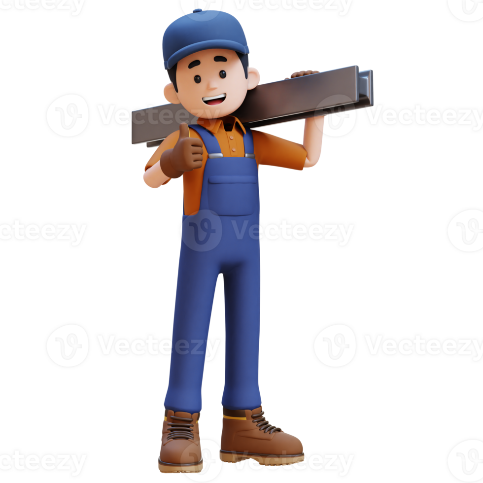 3d Konstruktion Arbeiter Charakter Tragen Stahl auf Schulter png