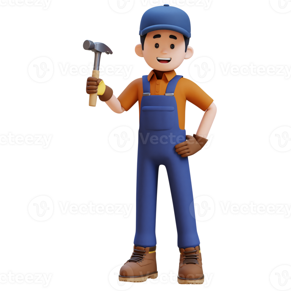 3D Construction Worker Character Holding Hammer in Confident Pose png