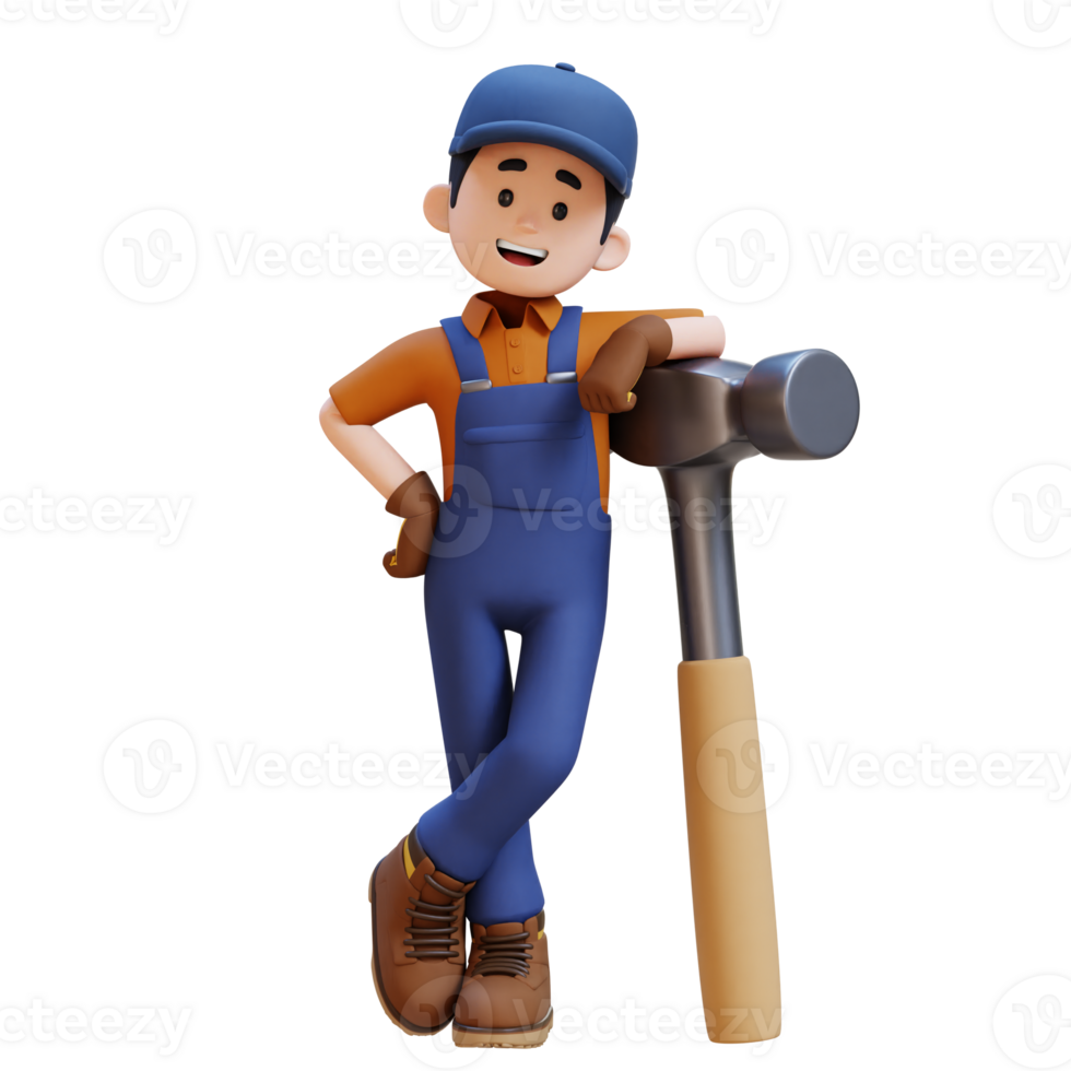 3D Construction Worker Character Lying on Big Hammer png